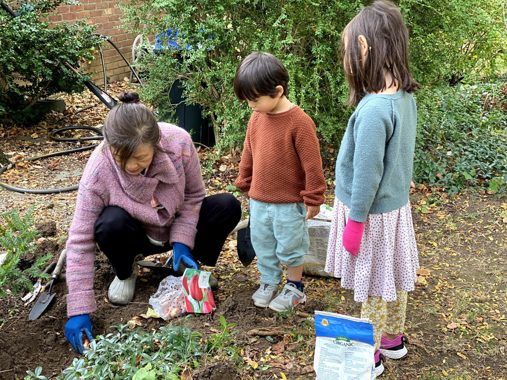 tow kids gardening with their grandmother