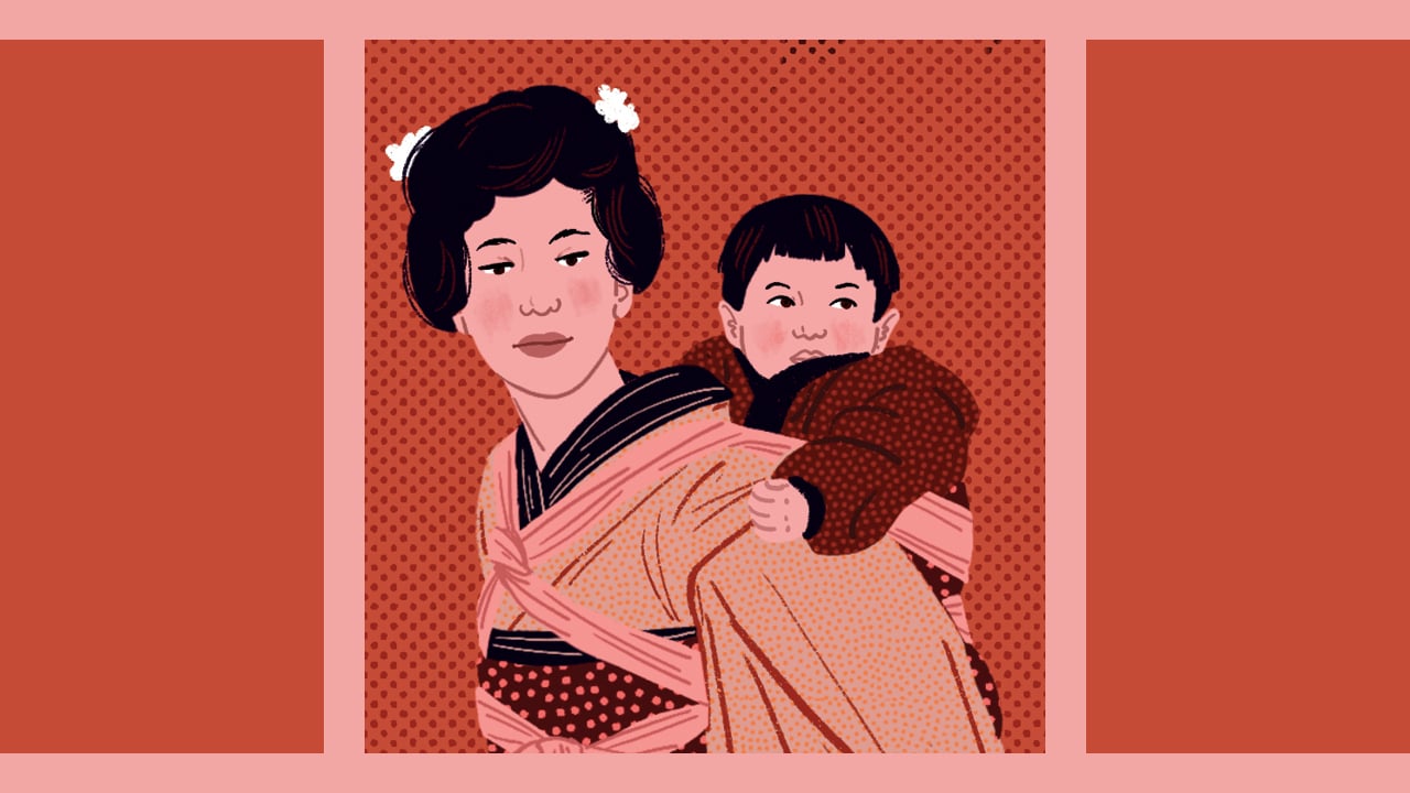 Illustratie van een Japanse moeder die haar baby op haar rug draagt