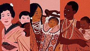 three illustrations of mothers from different cultures carrying their babies