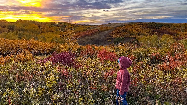 A young child stands looking at a sunset against a background of colorful trees in fall