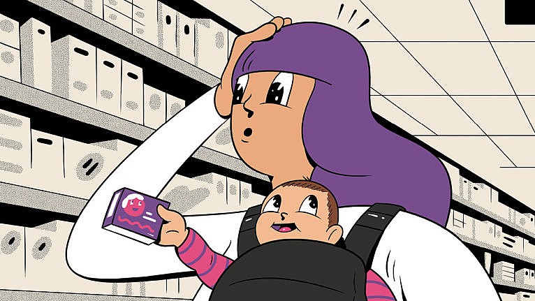 A illustration of a parent and child searching through the pharmacy aisle.