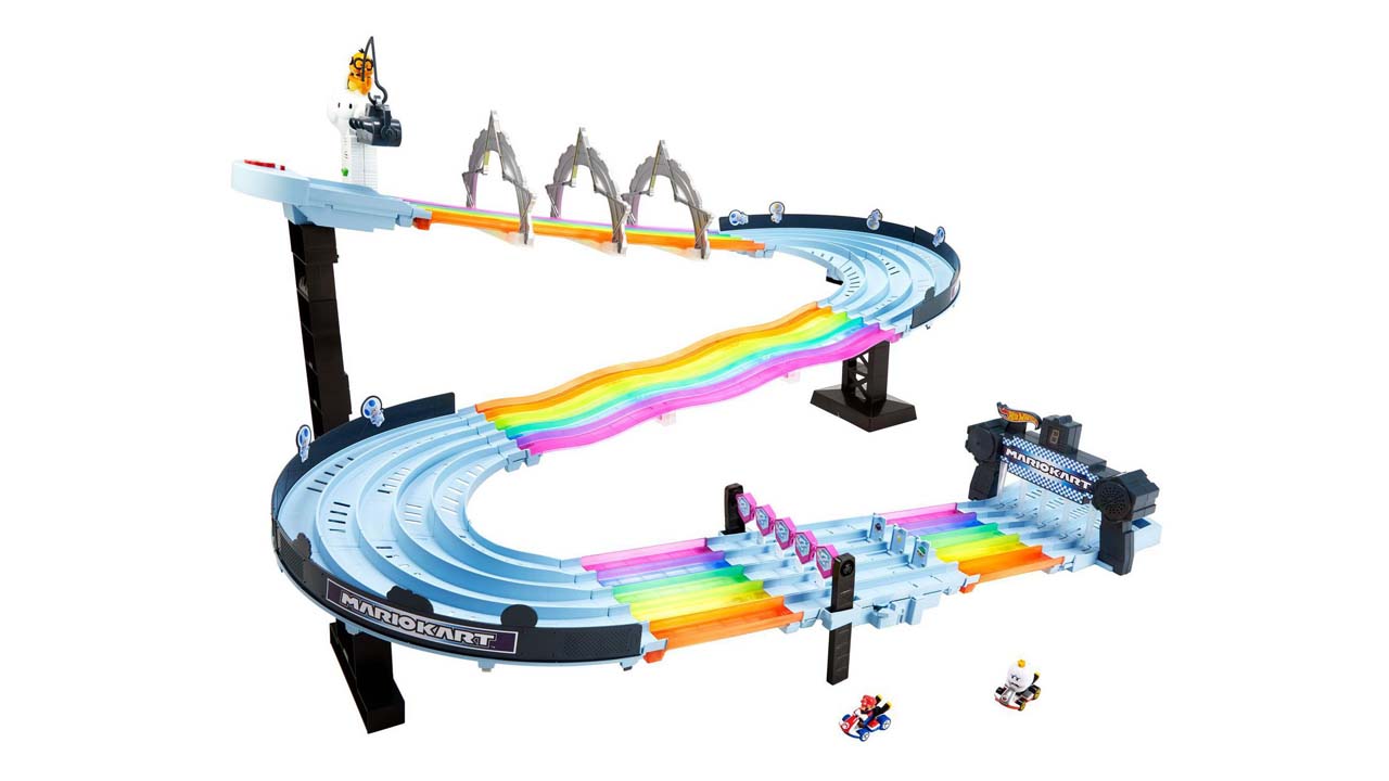 An image of a blue car track with rainbow strips.