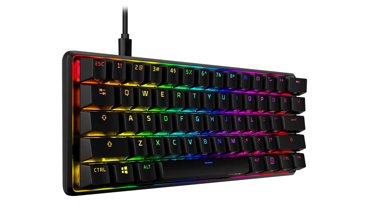 An image of a black keyboard with rainbow lights.