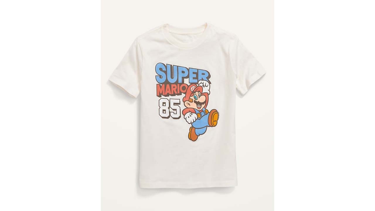 A white t-shift withe the text "super Mario 85" and the Mario character across it.