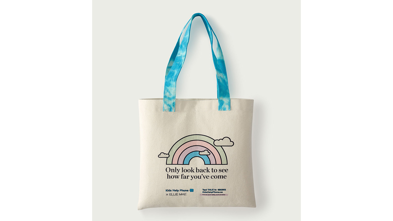 Tote bag with pastel rainbow and blue handle