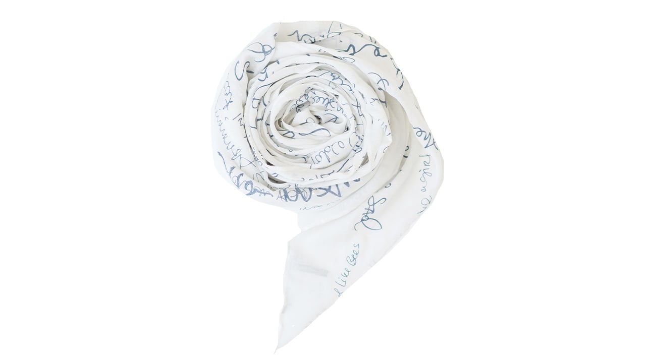 White scarf with blue print