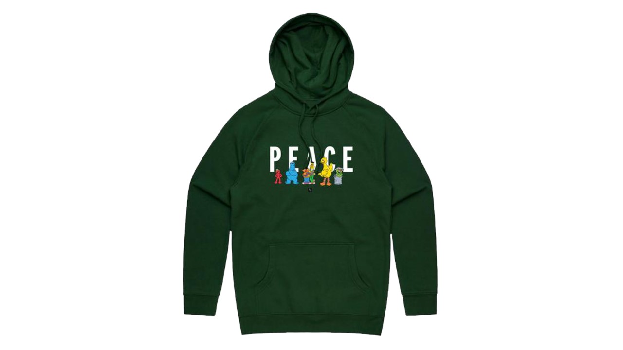 Forest green hoodie with Sesame Street characters that says peace in white letters