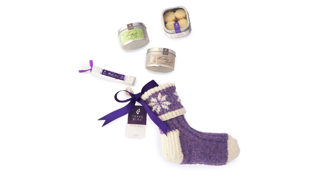 Purple hand knit socks with lavender Grey tea lavender hot chocolate, lavender shortbread cookies, lavender chocolate bar