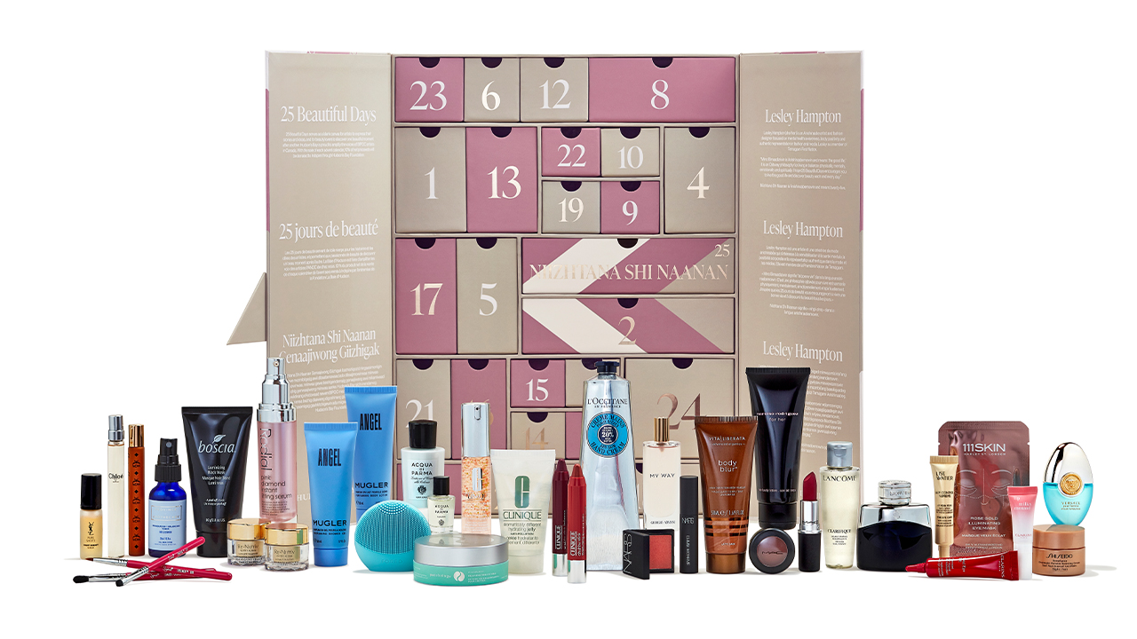 Pink and gold advent calendar with beauty products