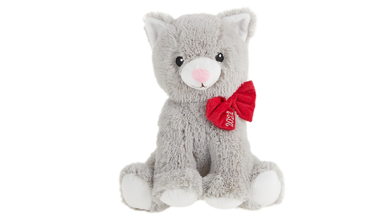 plush grey cat with red bow embroidered with 2022