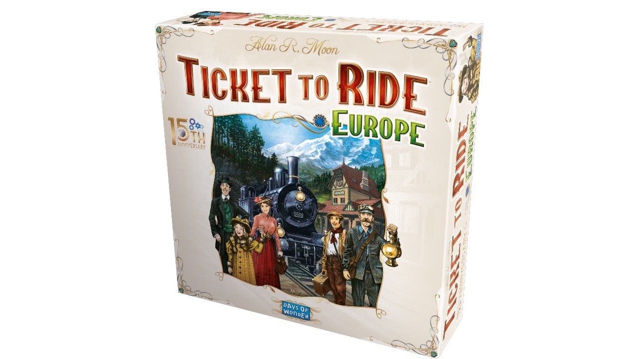 Ticket to Ride board game box featuring illustration of travellers with a train in the background 