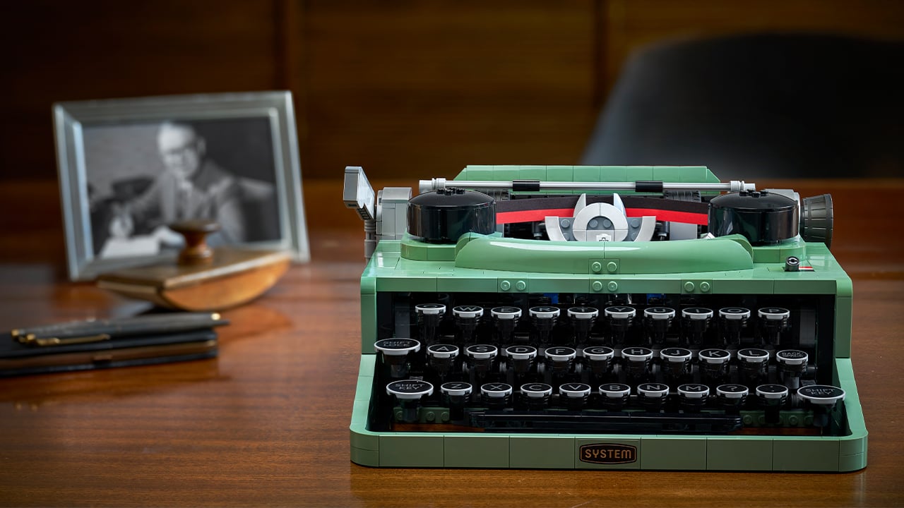 Green Lego typewriter with black keys