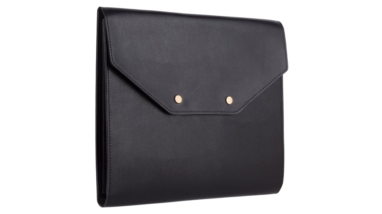black vegan leather padfolio resembling an envelope with silver buttons