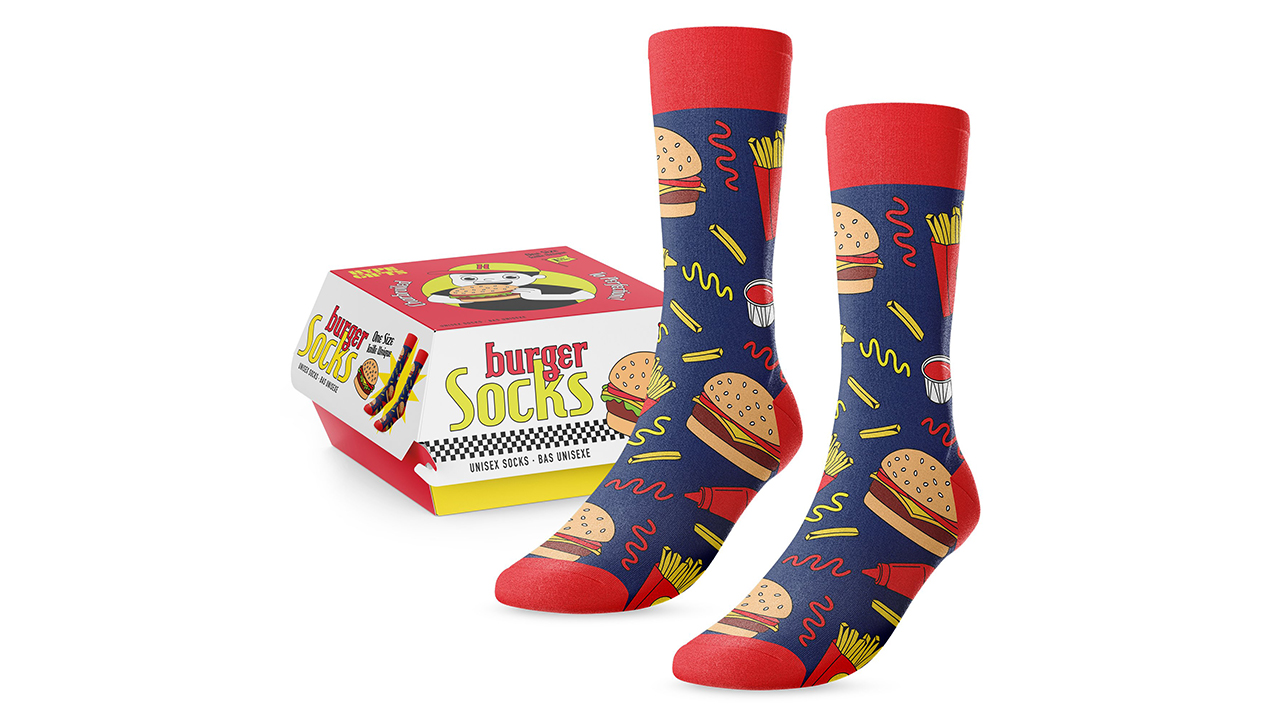 Blue socks with burgers and fries print that comes in a cardboard burger box