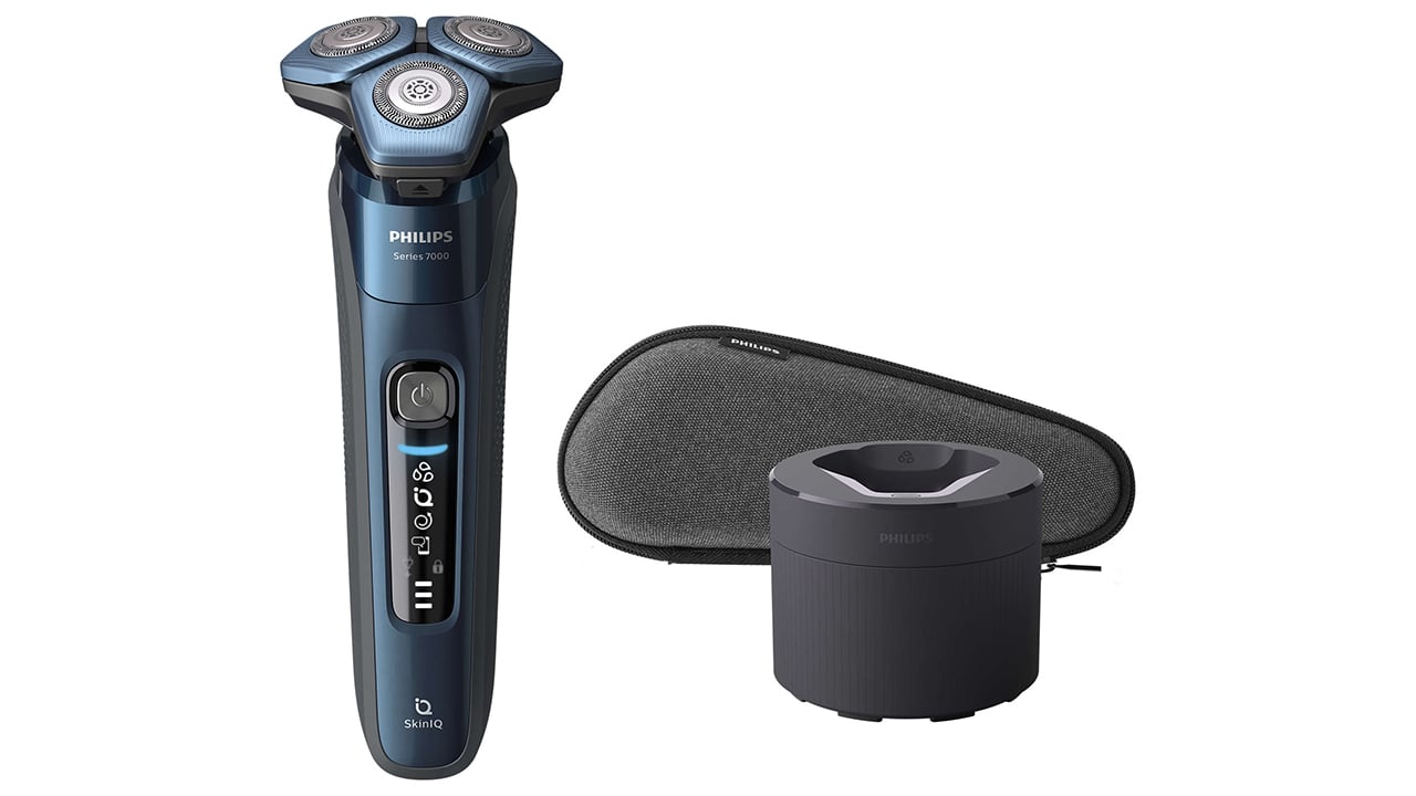 Blue electric shaver with charger and carrying case