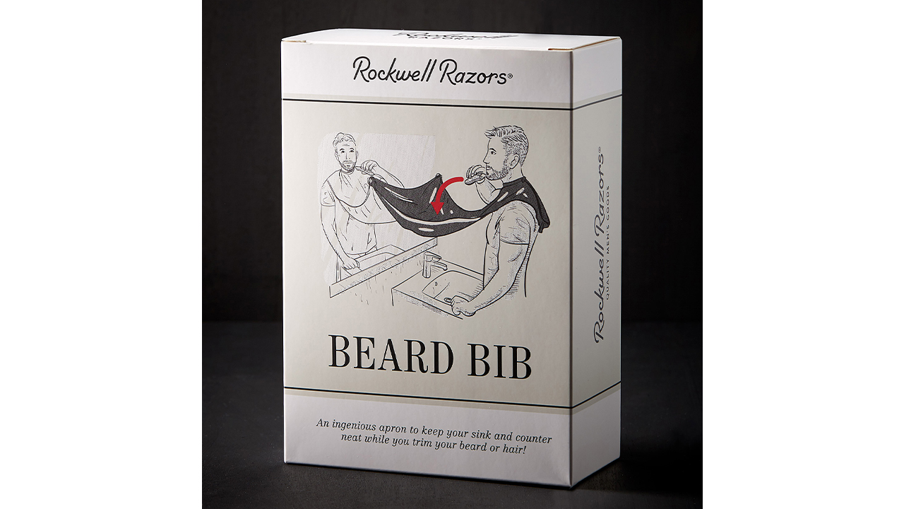 White box with illustration of man wearing beard bib