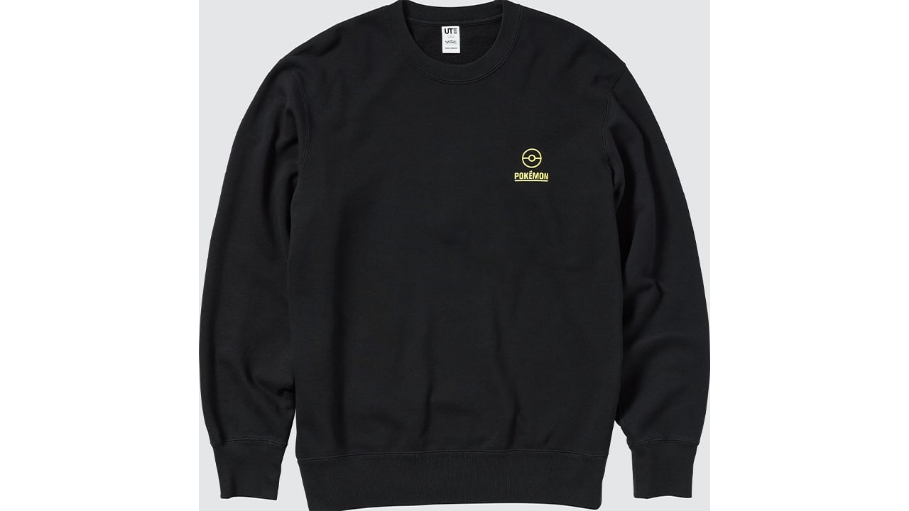 Men's black sweater with small yellow Pokemon symbol on left chest