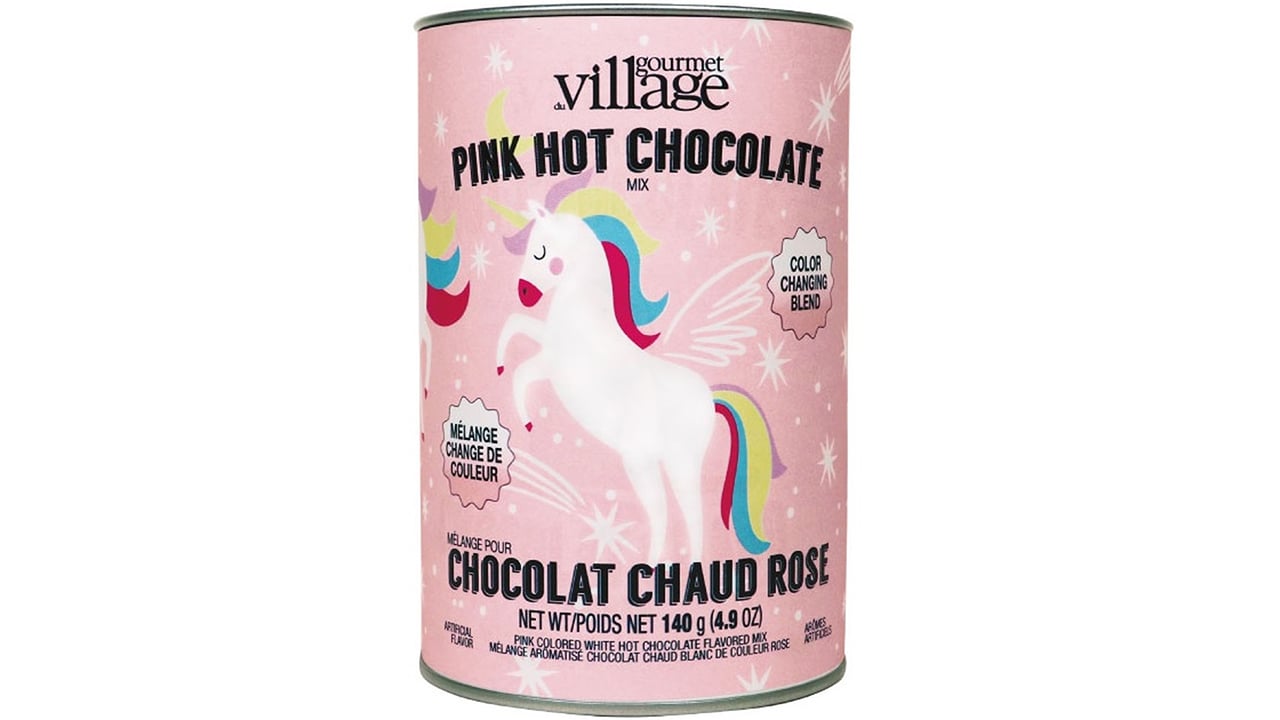 Pink tin containing colour-changing pink hot chocolate mix