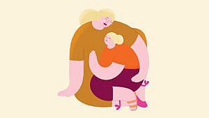 An illustration of a fat mother enveloping her fat daughter in her arms for a story on how to raise fat kids