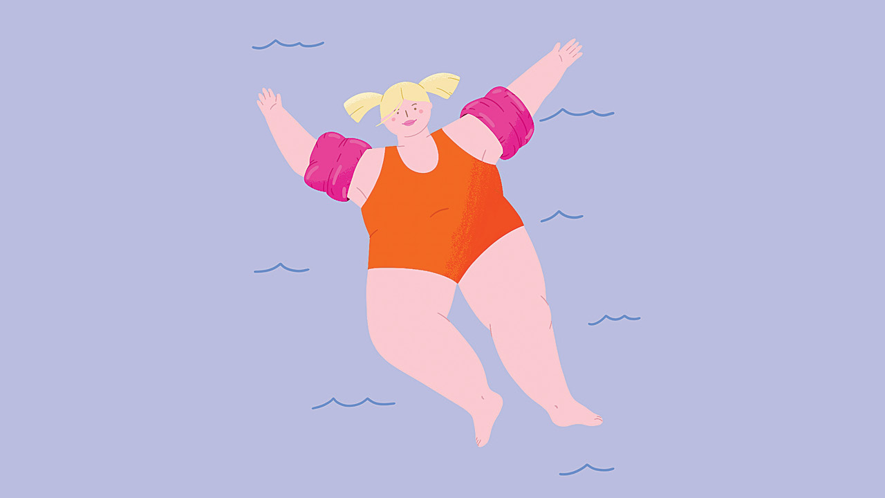 An illustration of a fat kid smiling and floating in the water wearing water wings