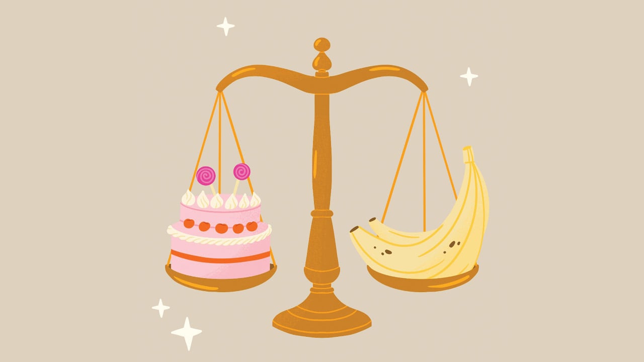 An illustration of a scale weighing a cake on one side and bananas on the other for a story on raising fat kids