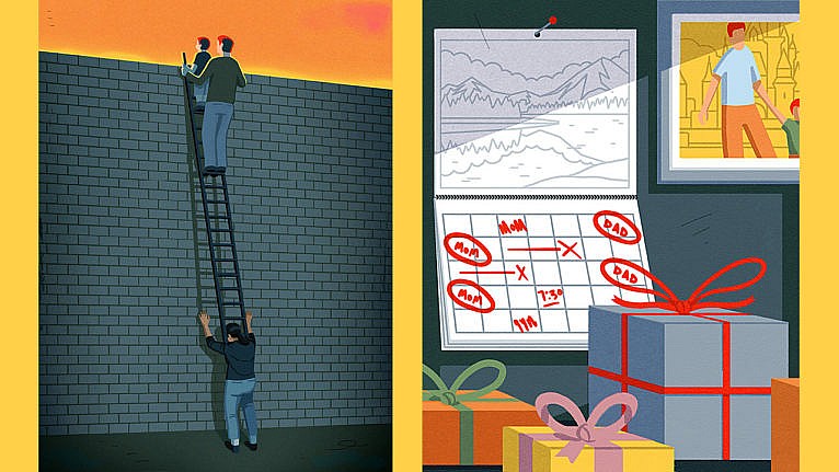 On the left is an illustration of one person holding a ladder, while another person and a child are at the top; on the right are illustrations of a calendar, photograph of a parent and child, and gift boxes.