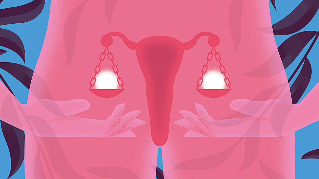 Illustration of a pink woman's uterus. The ovaries are illustrated as a scale that is weighing balls of light.