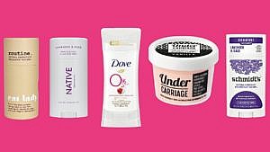 Image of the deodorants listed in the article. From left to right: Routine Stick Deodorant, Native Deodorant, Dove 0% Aluminum Deodorant, Undercarriage Cream Deodorant, Schimidt's Natural Deodorant