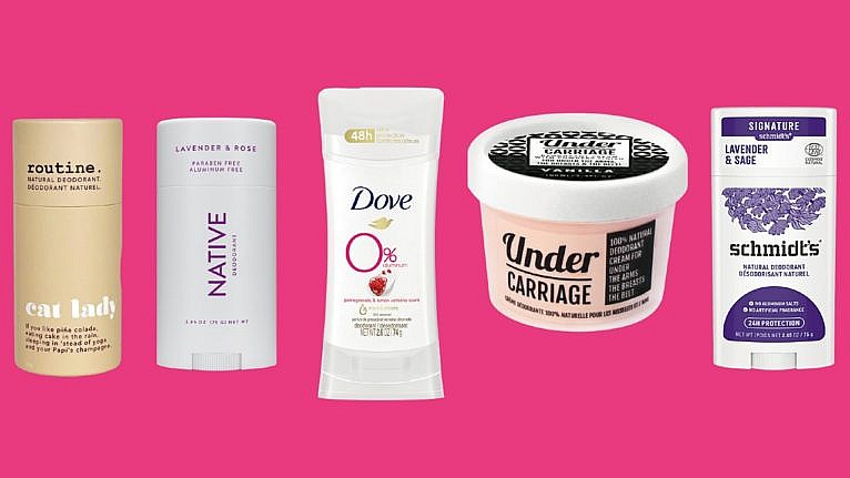 Image of the deodorants listed in the article. From left to right: Routine Stick Deodorant, Native Deodorant, Dove 0% Aluminum Deodorant, Undercarriage Cream Deodorant, Schimidt's Natural Deodorant