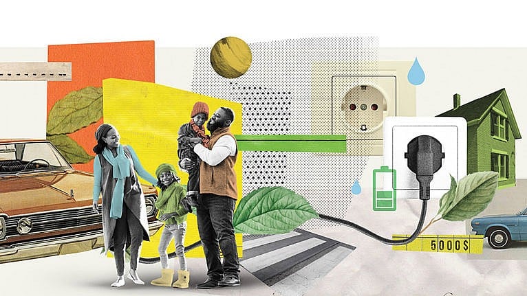 Illustration collage of a family, some cars, and an electrical outlet