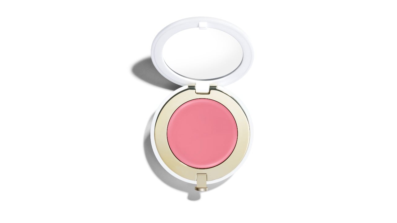 A compact containing pink blush.