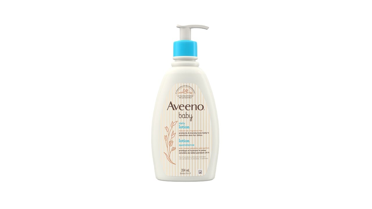 An image of a beige bottle with a pump at the top, containing Aveeno baby lotion.
