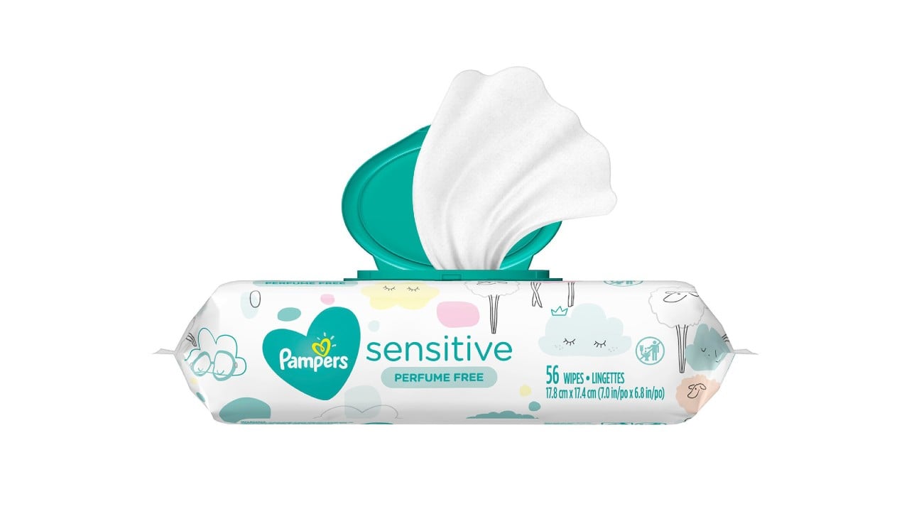 An image of a white box with a turquoise lid containing Pampers sensitive baby wipes.