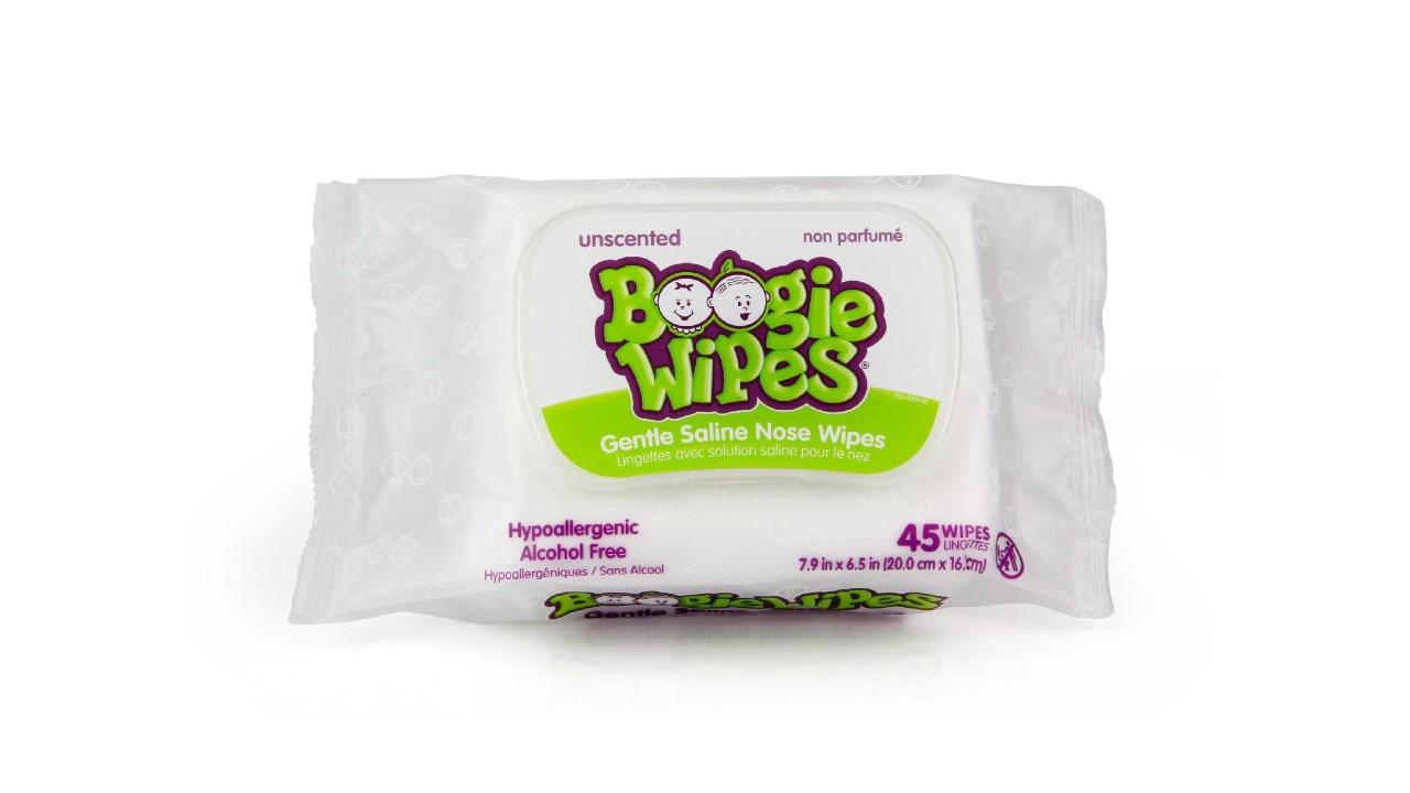 A white package with Boogie Wipes in green font containing saline nose wipes.
