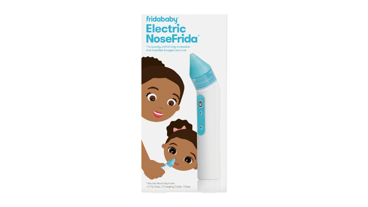 A white and blue box containing an electric nose sucker by FridaBaby.