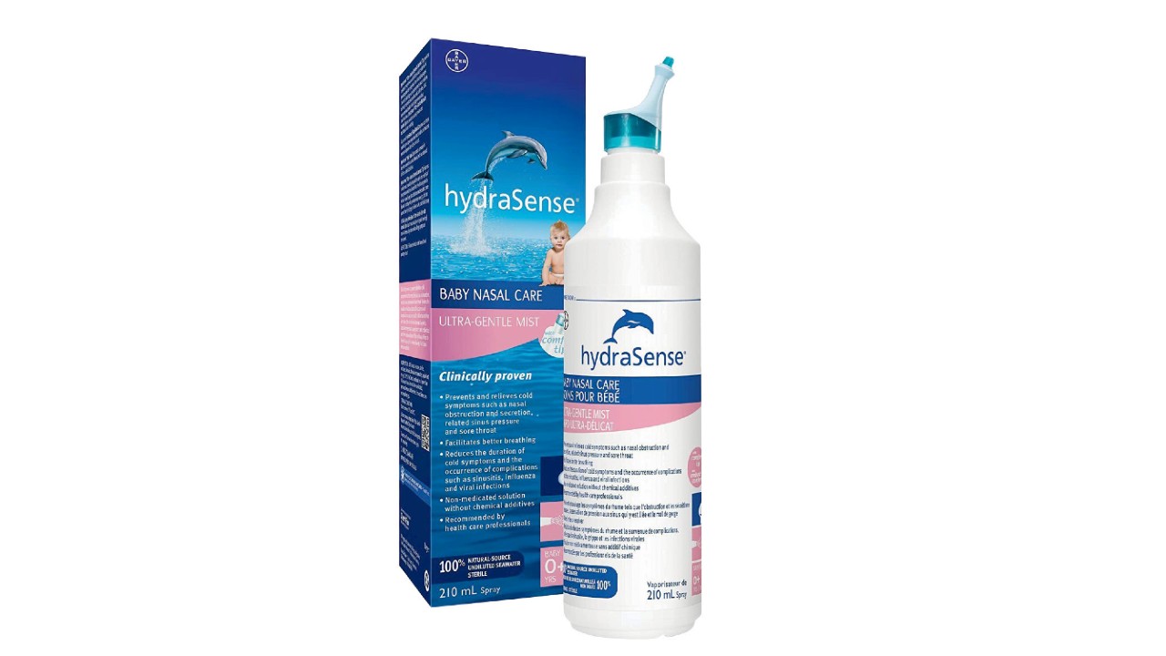 A box and bottle next to each other, containing the words HydraSense and Baby Nasal Care.