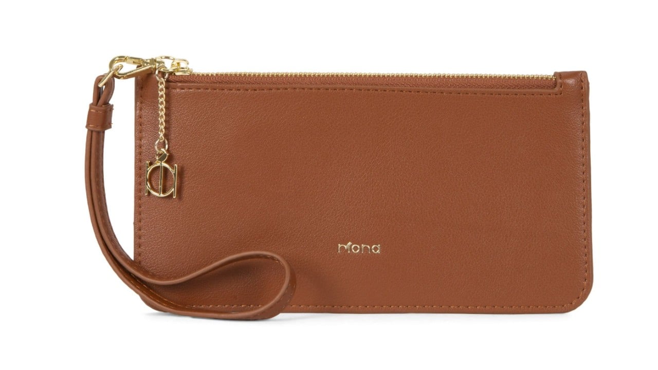 Brown vegan leather wristlet wallet