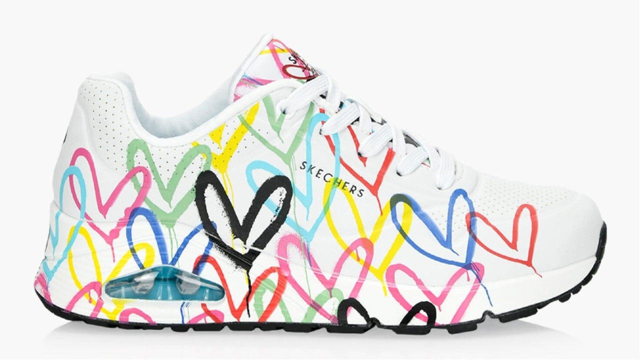 White running shoes with colourful hearts