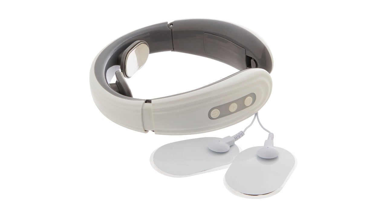 White and grey massager that curves around the neck