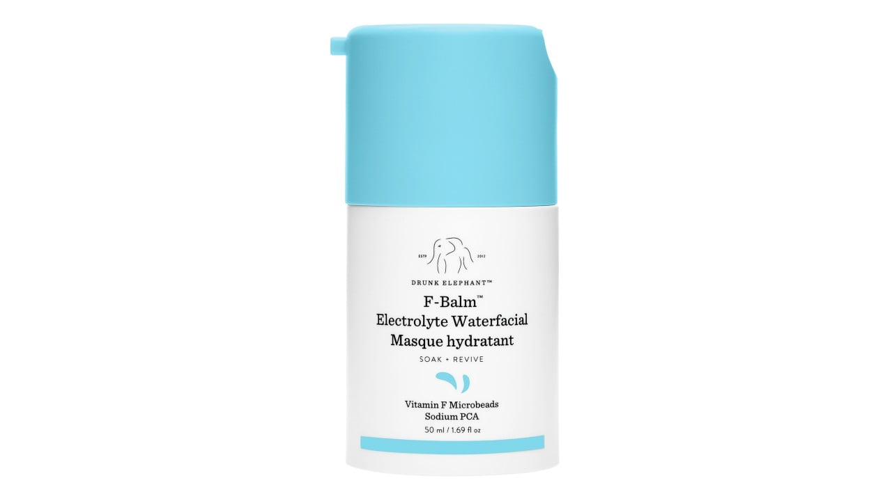 A blue and water bottle that contains the Drunk Elephant F-Balm face mask.