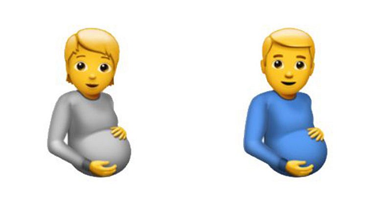 two emojis side by side depicting a gender-neutral pregnant person and a pregnant man