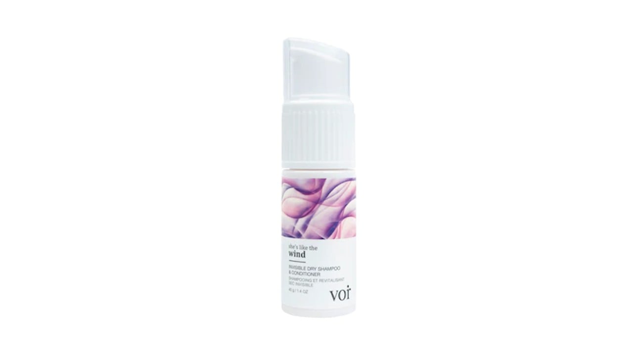 An image of a Voir Haircare white spray bottle with pink and purple swirls in the front.