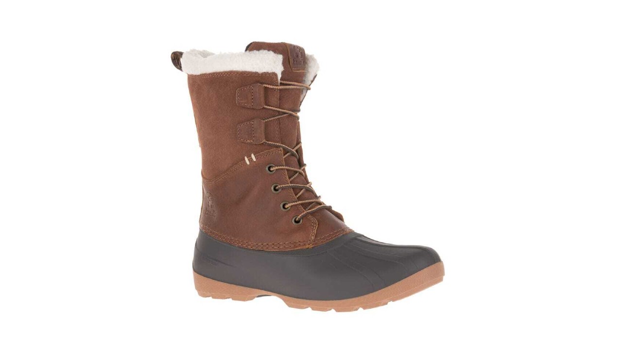 Photo of brown winter boots with white trim and a black sole