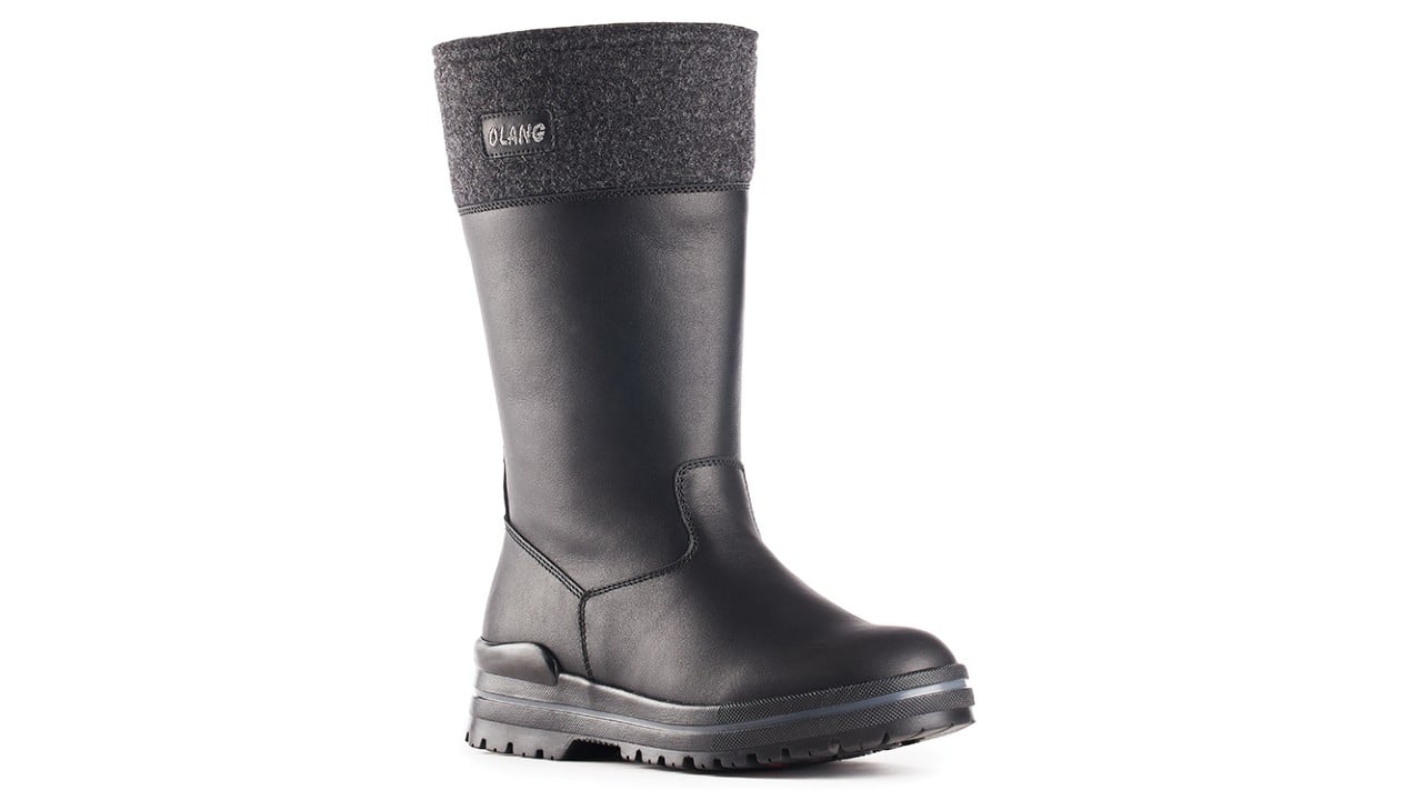 Tall black boot that resembles a riding boot.