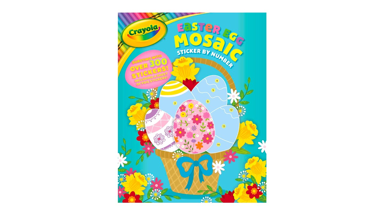 A teal sticker book with drawings of an Easter basket with patterned eggs on it.