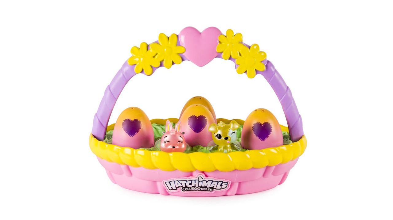 A plastic pink, purple and yellow Easter basket with colourful plastic eggs inside.