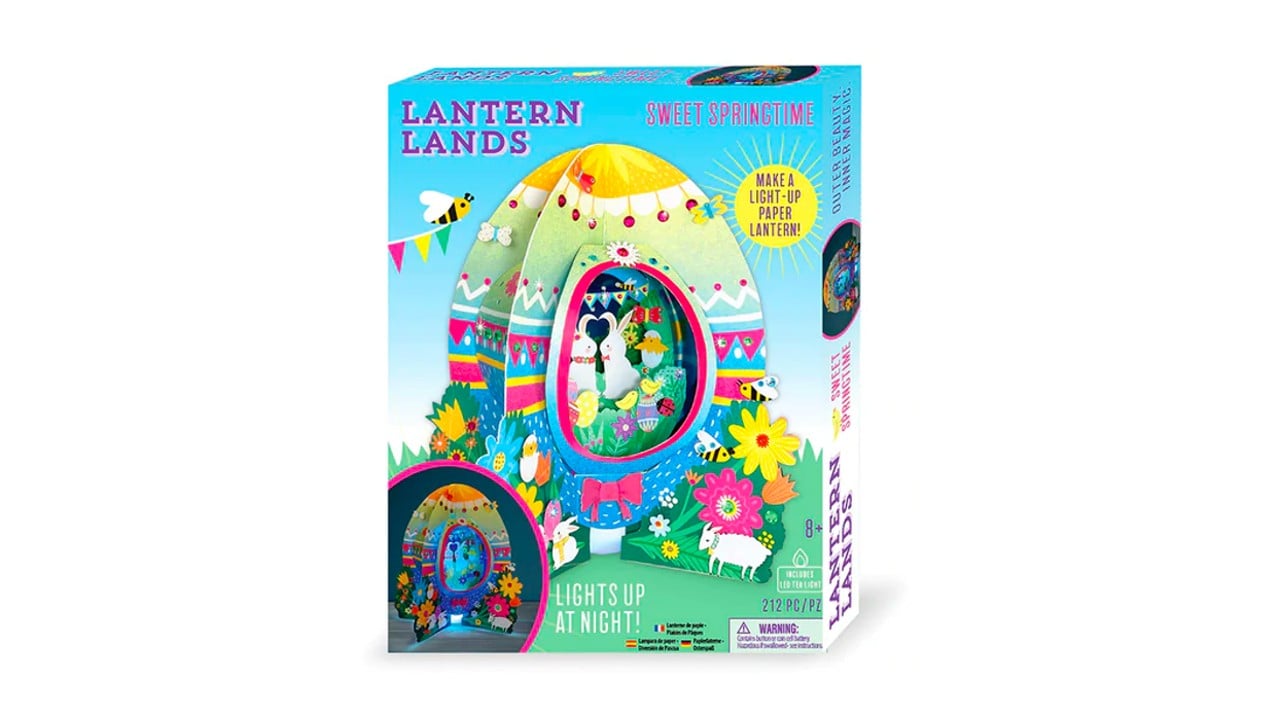 A toy box that contains a 3D Easter-themed lantern that lights up at the bottom.