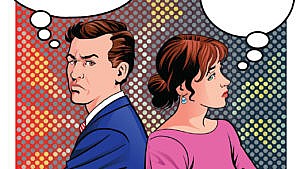 A comic illustration of a man and a woman back to back looking upset.