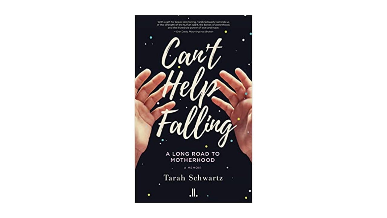 An image of a book cover with a black background and white text with the title "Can't Help Falling" and hands right next to it.