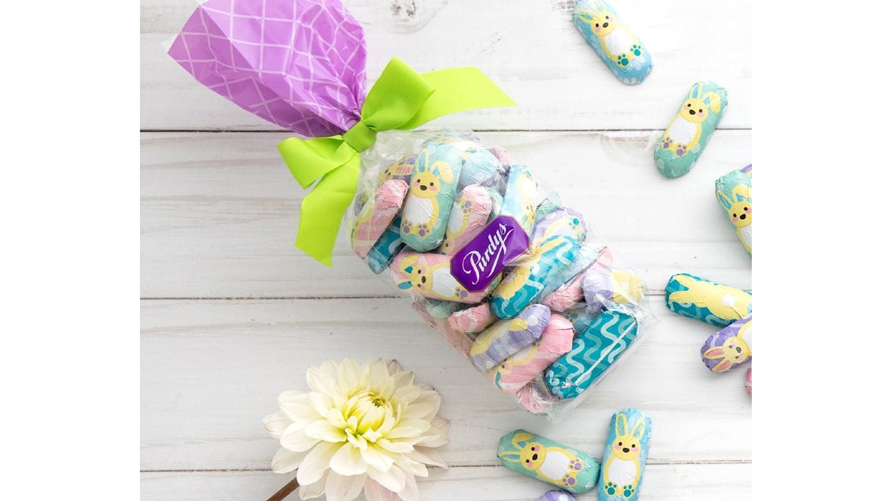 Milk chocolate-shaped bunnies in pastel foil wrappers